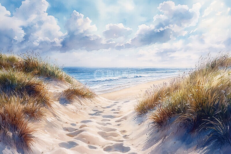 高清大图下载【趣麦麦图】海滩风景水彩画7