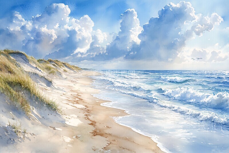 高清大图下载【趣麦麦图】海滩风景水彩画8