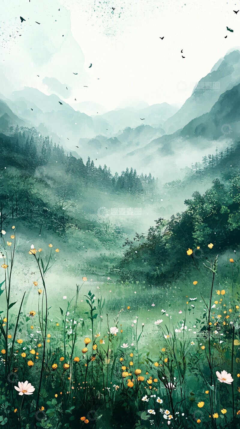 高清大图下载【趣麦麦图】春草云雾水彩图2