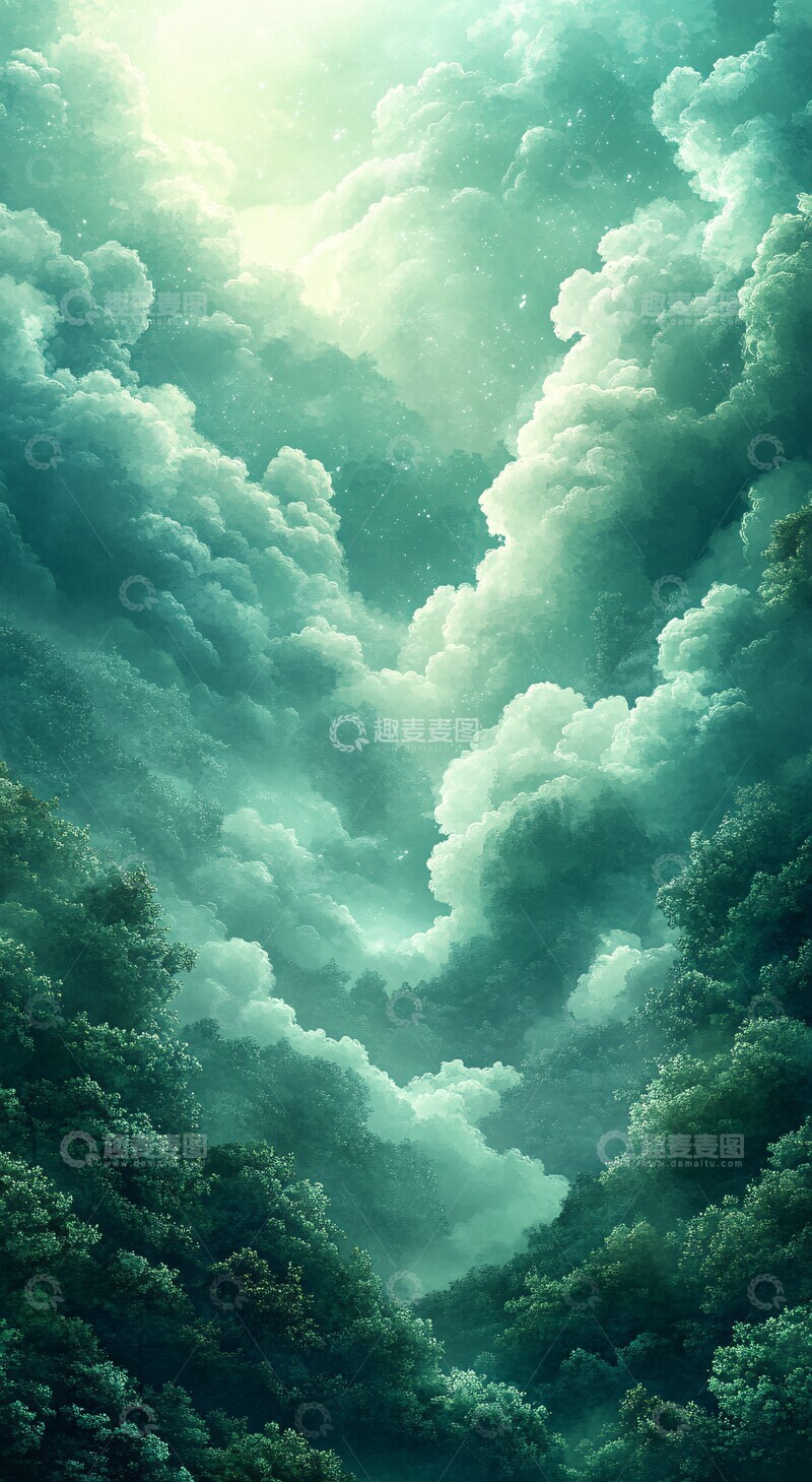 高清大图下载【趣麦麦图】绿云白底手机壁纸