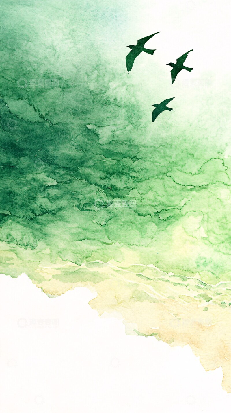 高清大图下载【趣麦麦图】-翠绿沙滩水彩画