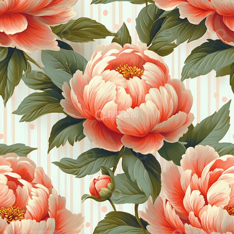 高清大图下载【趣麦麦图】珊瑚牡丹绿叶图案2