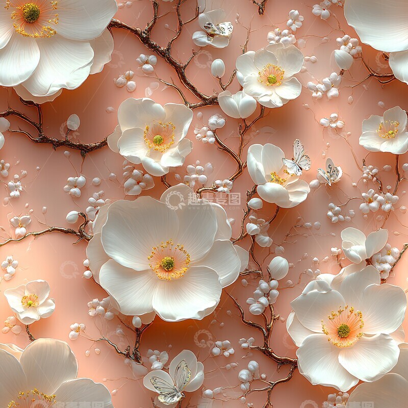 高清大图下载【趣麦麦图】白色花朵绿叶粉背景2