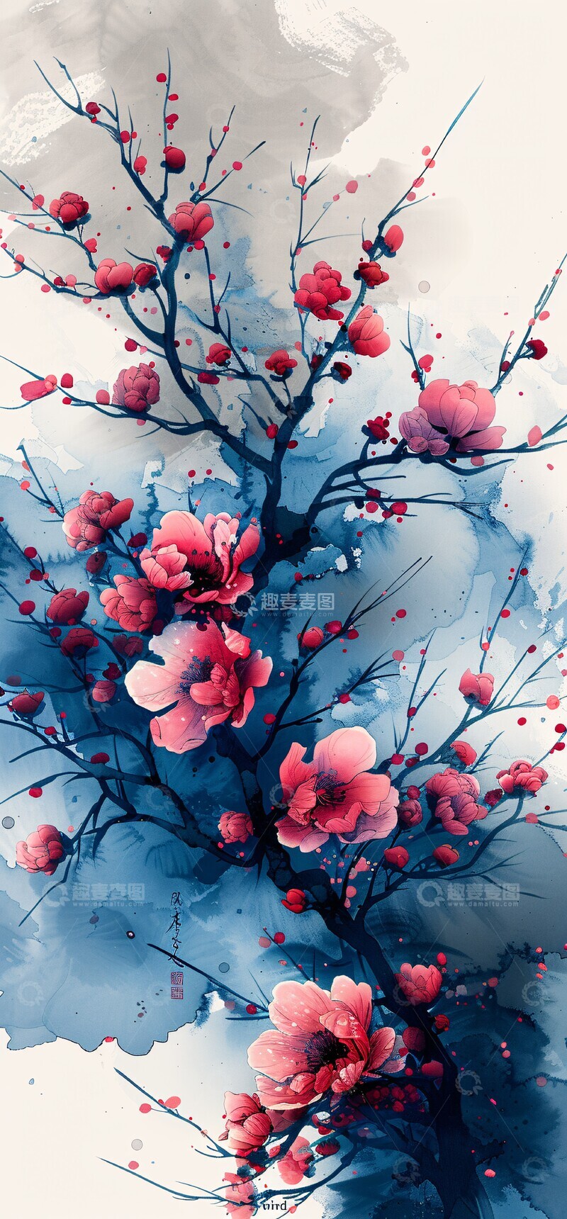 高清大图下载【趣麦麦图】风字墨韵书法蓝色粉色2