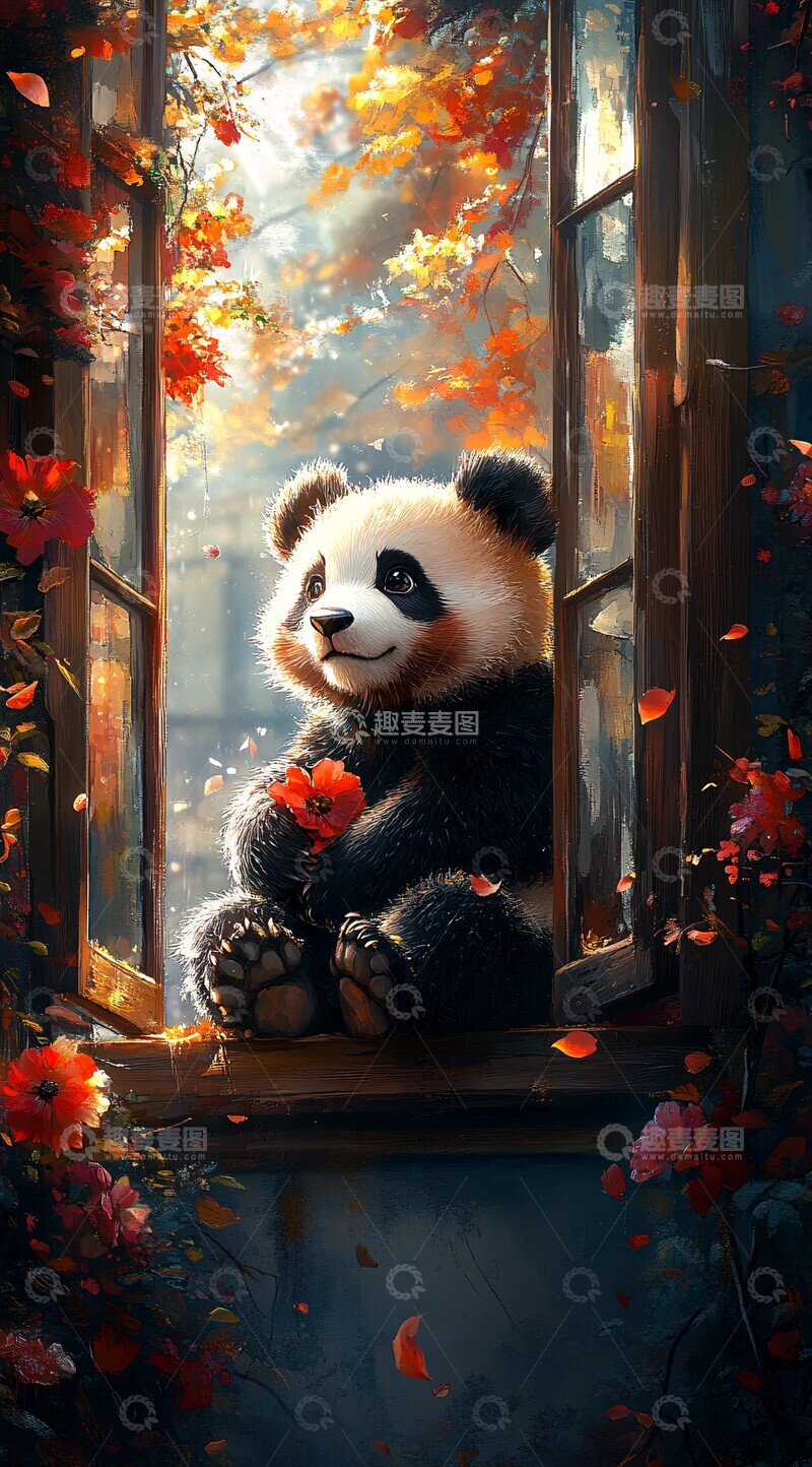 高清大图下载【趣麦麦图】熊猫窗台赏花图