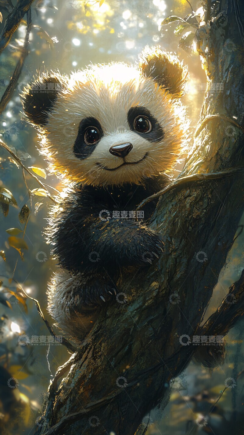 高清大图下载【趣麦麦图】熊猫树上阳光照