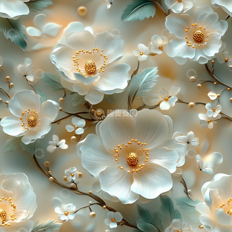 高清大图下载【趣麦麦图】白色花朵绿叶粉背景1