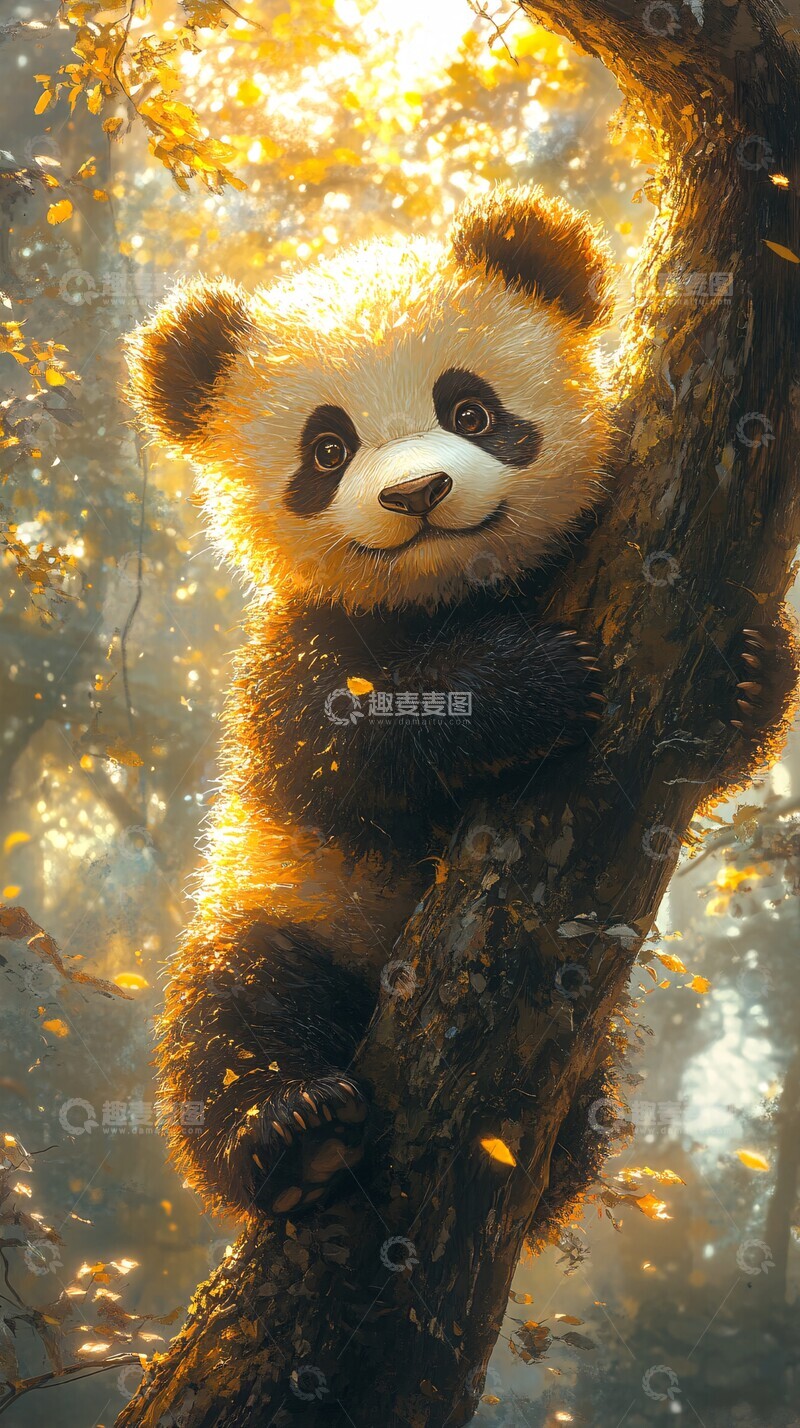 高清大图下载【趣麦麦图】熊猫树上阳光照2