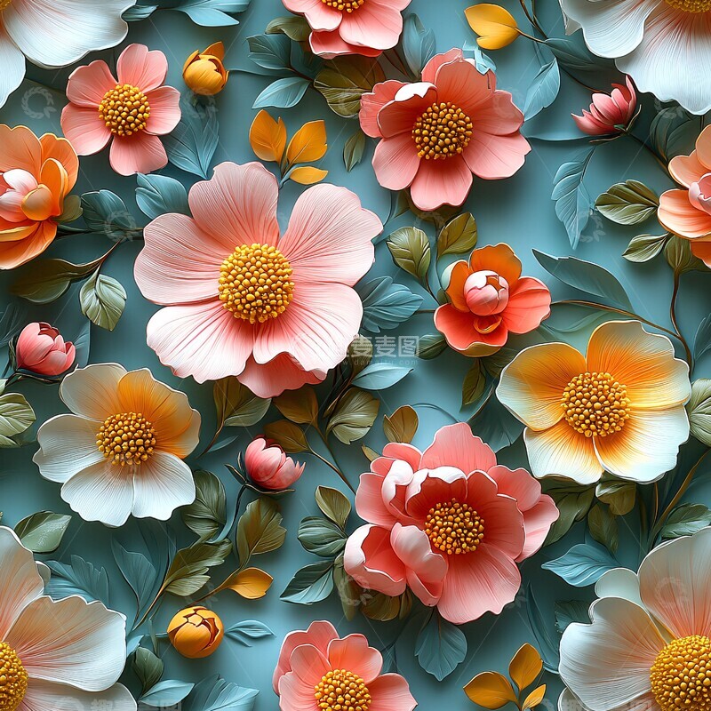 高清大图下载【趣麦麦图】粉黄花簇蓝底图案3