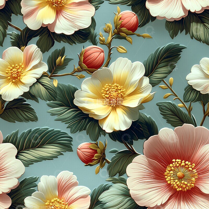 高清大图下载【趣麦麦图】粉黄花簇蓝底图案1