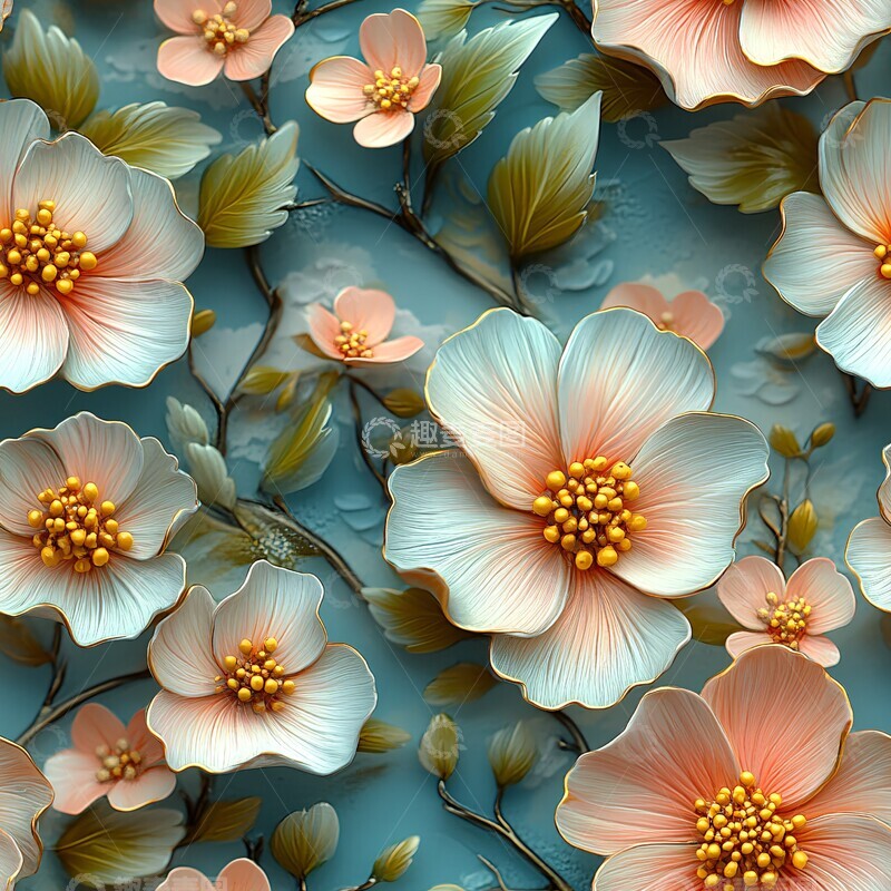 高清大图下载【趣麦麦图】粉黄花簇蓝底图案2
