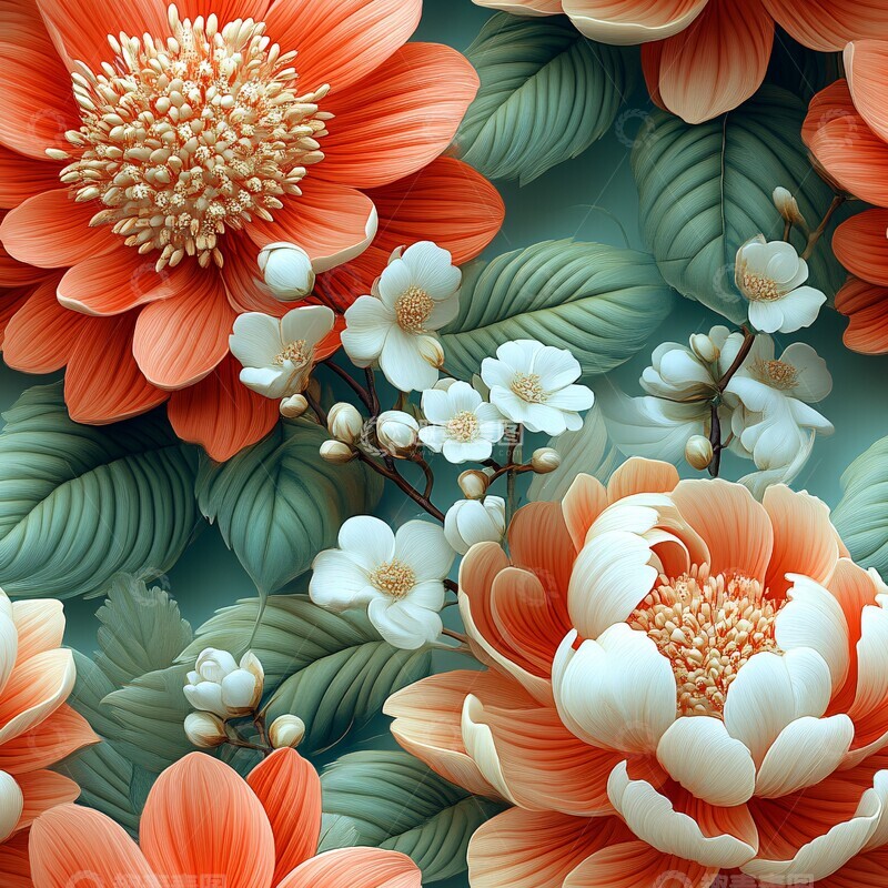 高清大图下载【趣麦麦图】珊瑚红花叶图1