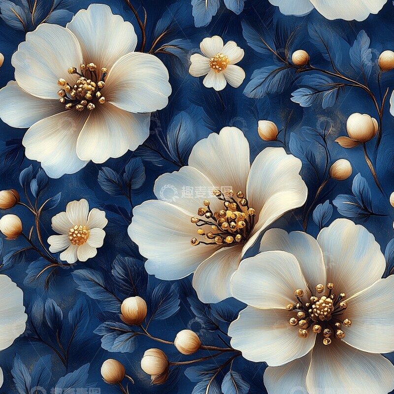 高清大图下载【趣麦麦图】白花蓝叶金饰图1