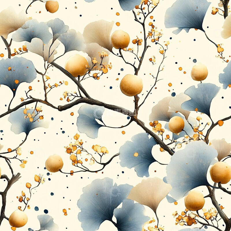 高清大图下载【趣麦麦图】银杏树枝叶水彩画1