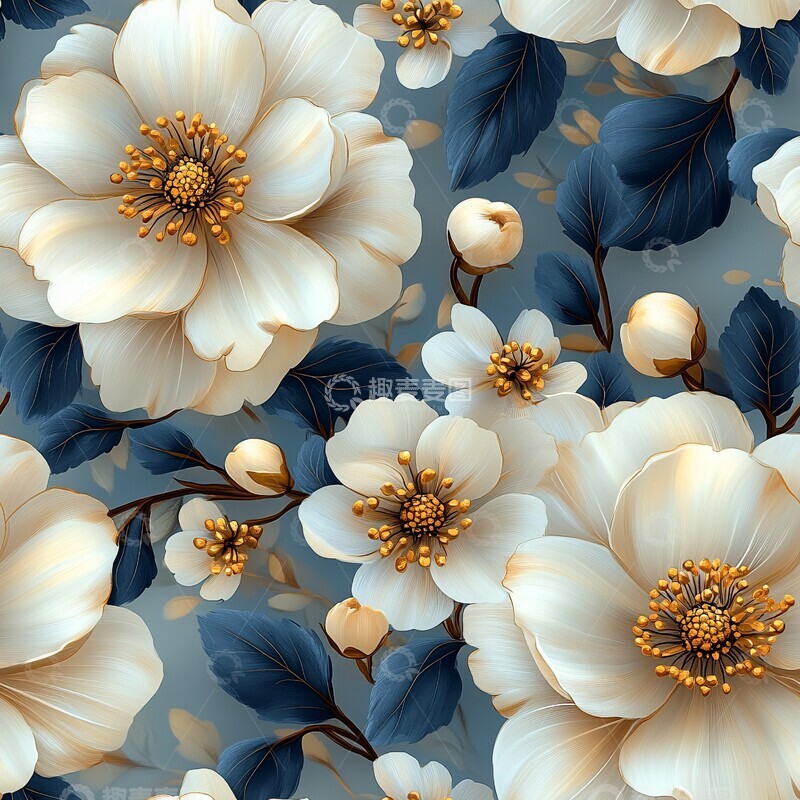 高清大图下载【趣麦麦图】白花蓝叶金饰图3
