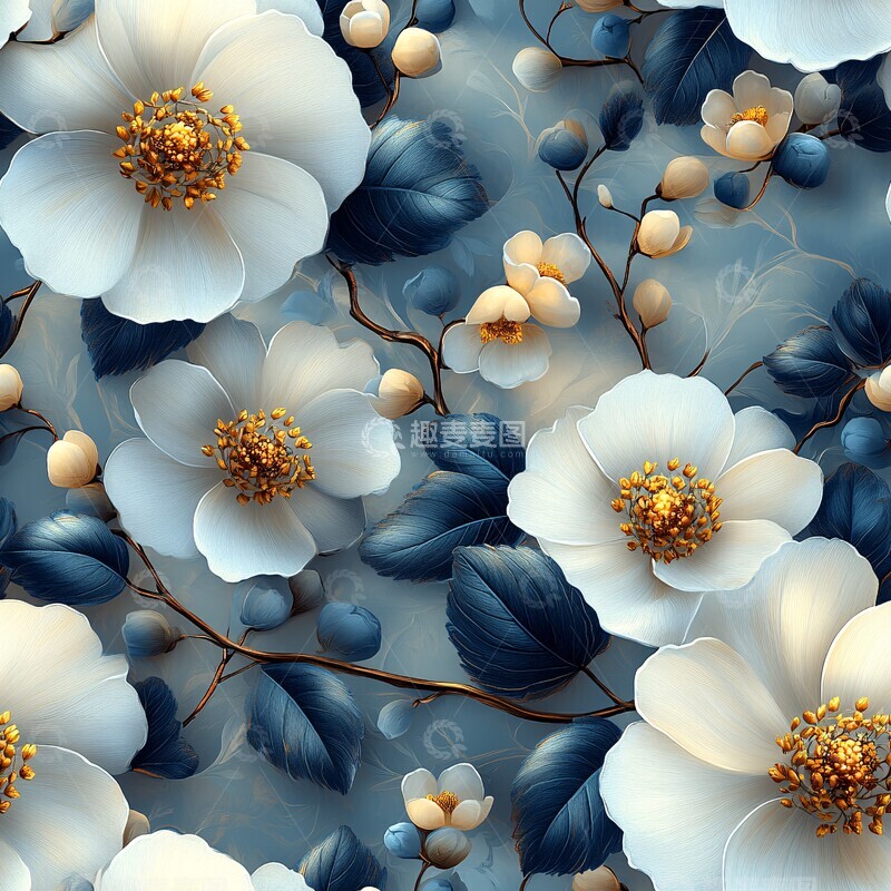 高清大图下载【趣麦麦图】-白花蓝叶金饰图