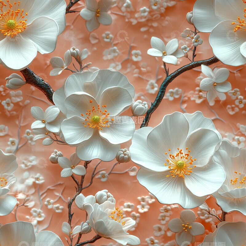 高清大图下载【趣麦麦图】白花绿叶粉背景