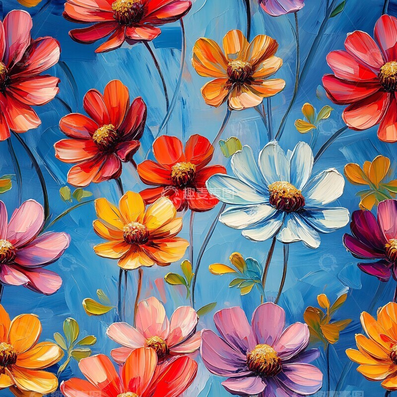 高清大图下载【趣麦麦图】彩色花朵壁纸蓝底3