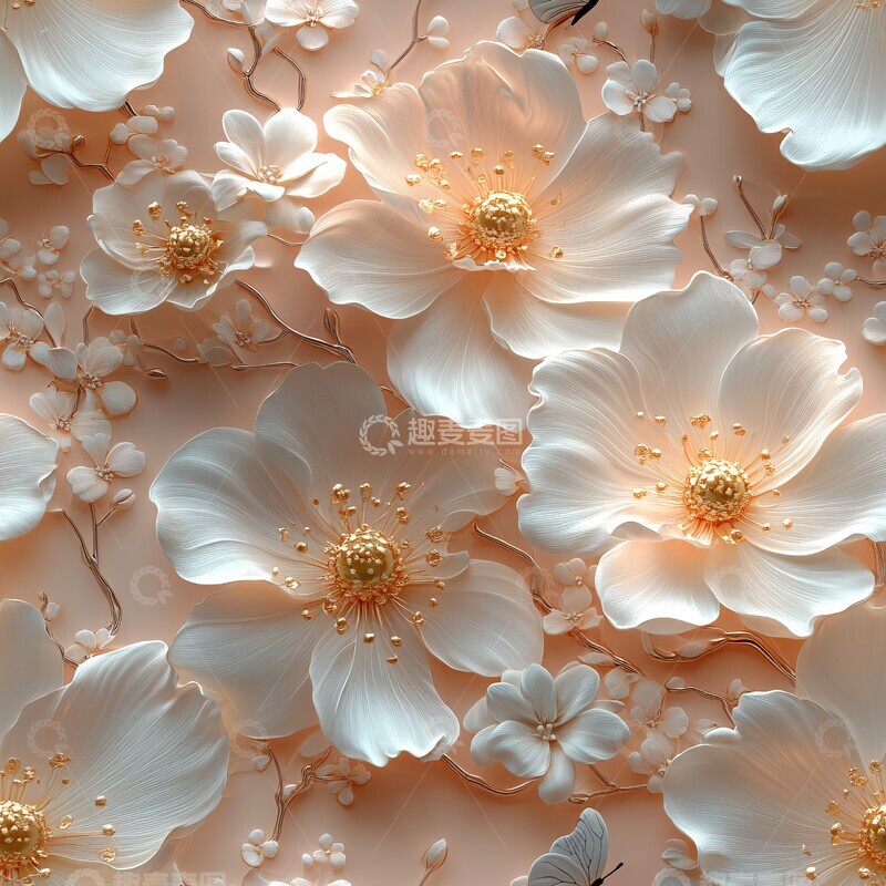 高清大图下载【趣麦麦图】白花绿叶粉背景1