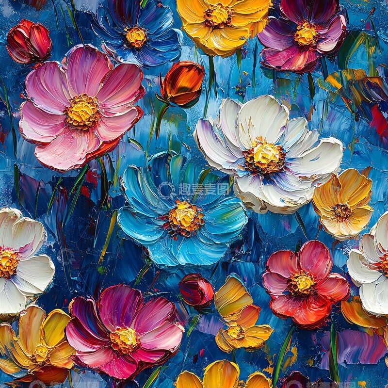 高清大图下载【趣麦麦图】彩色花朵壁纸蓝底1