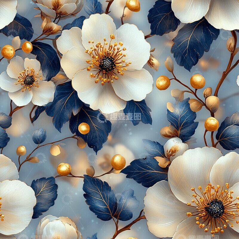 高清大图下载【趣麦麦图】-白花蓝叶金饰图2