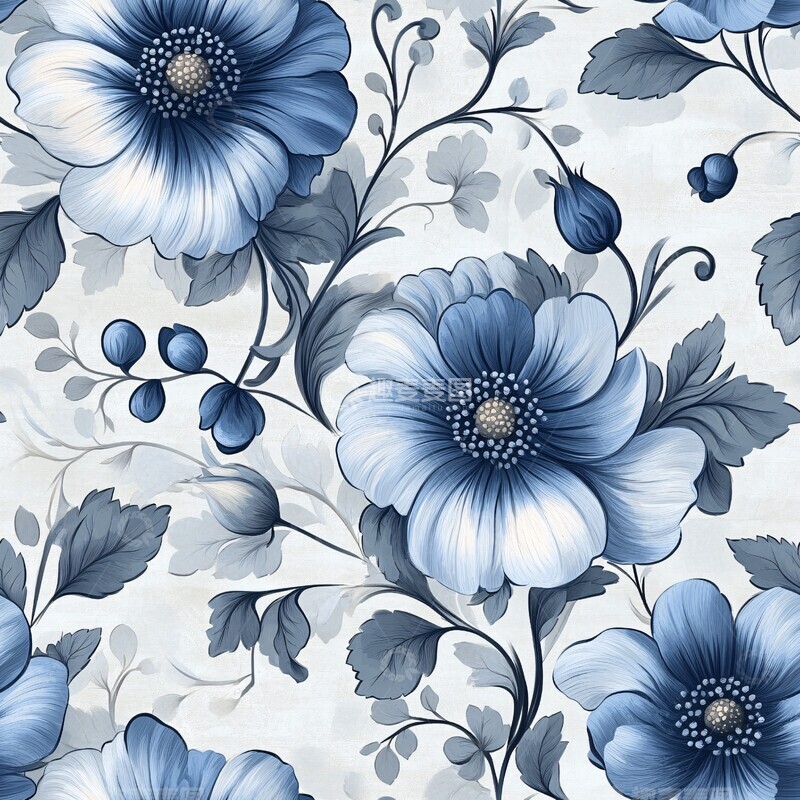 高清大图下载【趣麦麦图】蓝色花叶纹样1