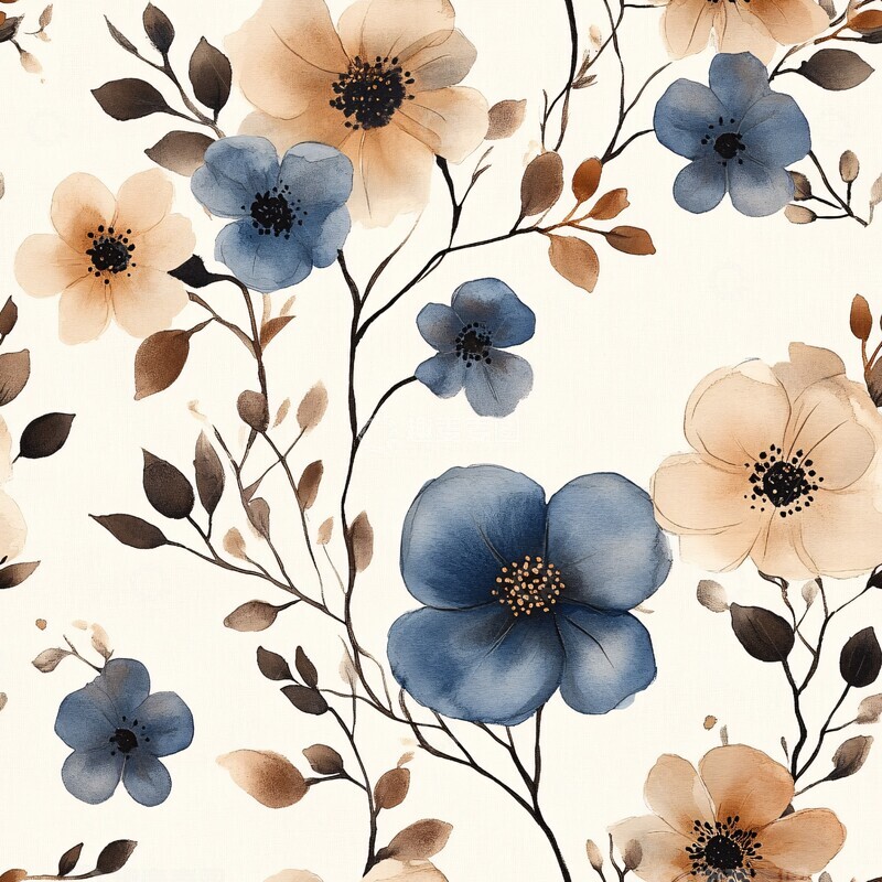 高清大图下载【趣麦麦图】蓝褐水彩花纹2