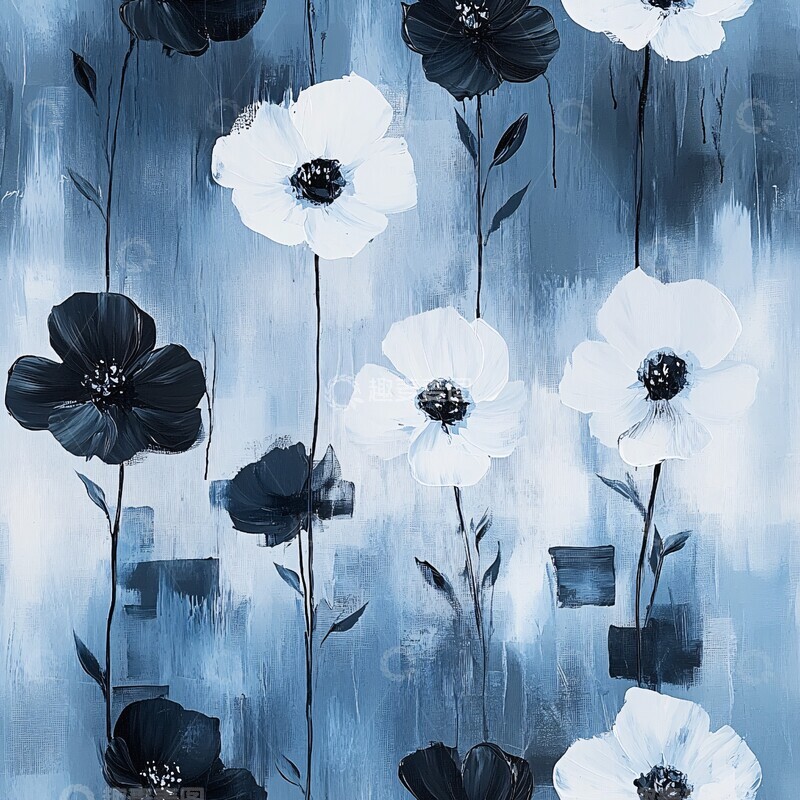 高清大图下载【趣麦麦图】蓝底黑白花叶画