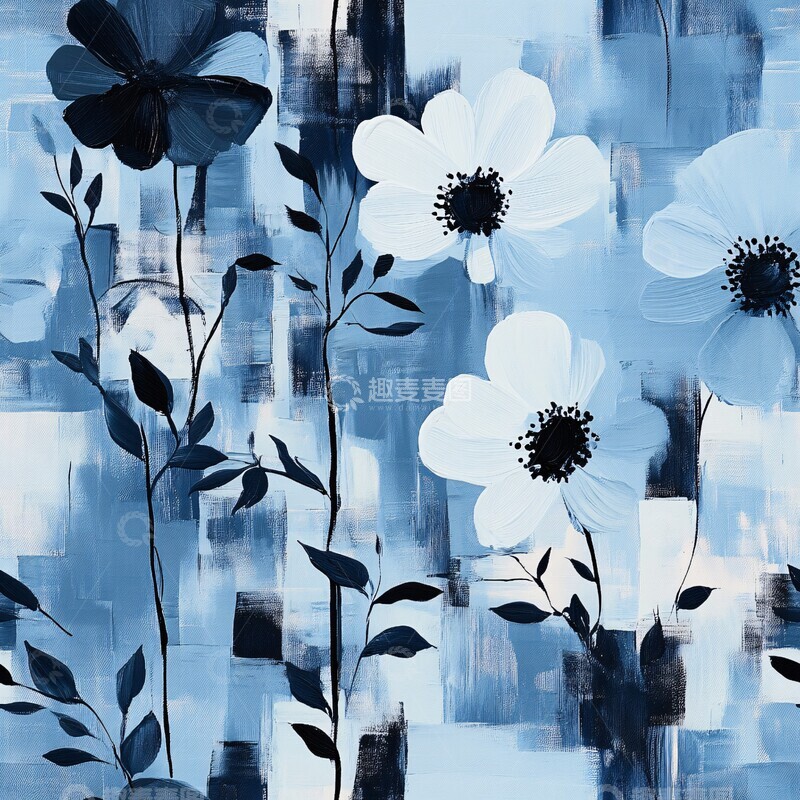 高清大图下载【趣麦麦图】蓝底黑白花叶画3