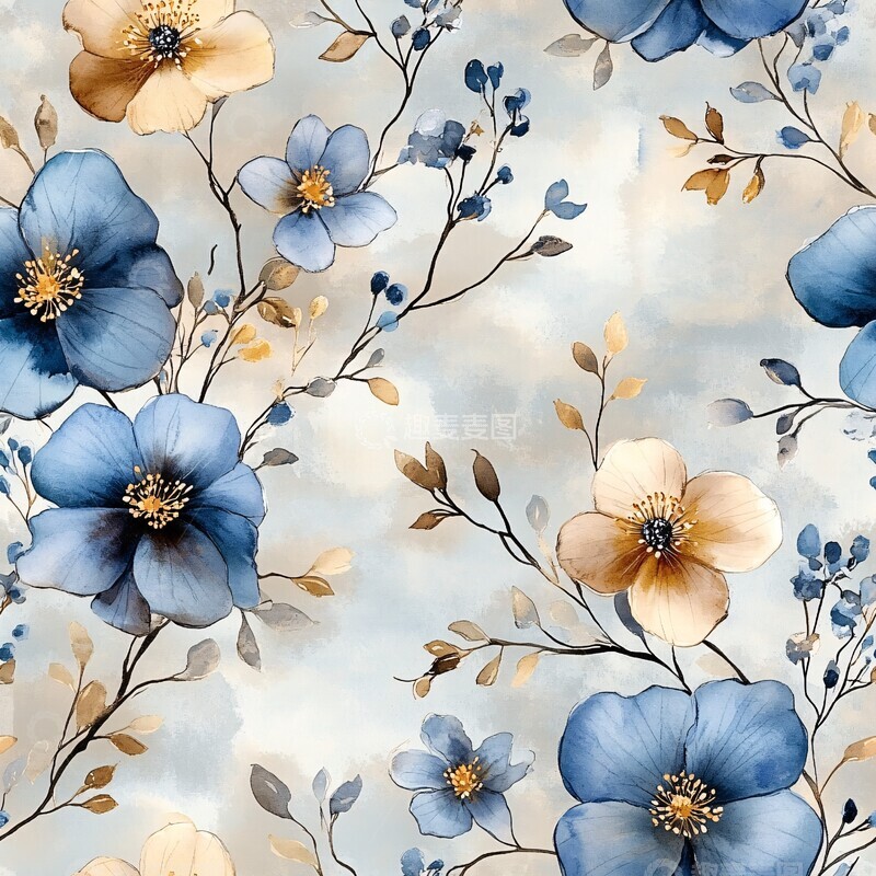 高清大图下载【趣麦麦图】蓝褐水彩花纹