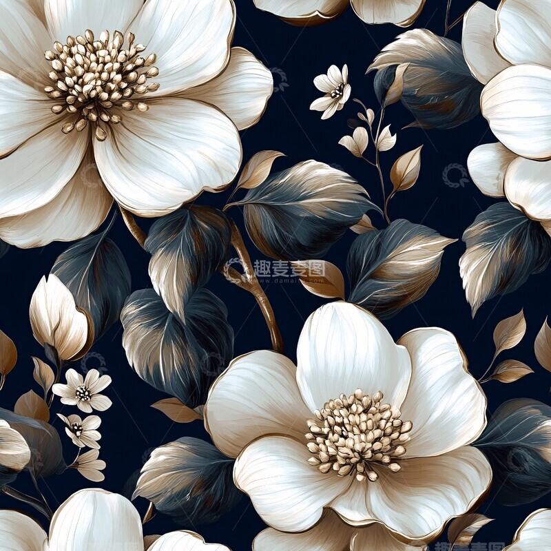 高清大图下载【趣麦麦图】白花蓝底复古花纹3