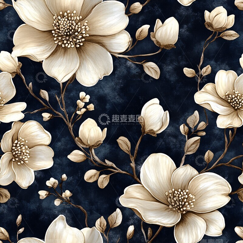 白花蓝底复古花纹