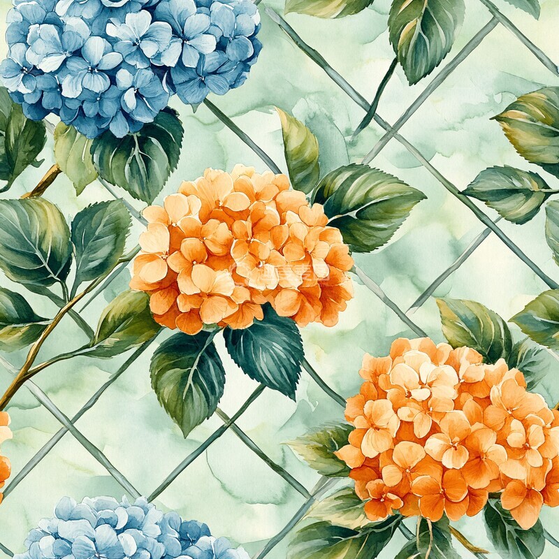 高清大图下载【趣麦麦图】蓝橙绣球花纹1