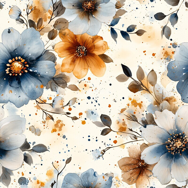 高清大图下载【趣麦麦图】蓝褐水彩花卉纹样2