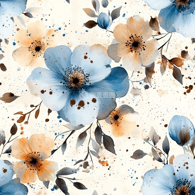 高清大图下载【趣麦麦图】蓝褐水彩花卉纹样
