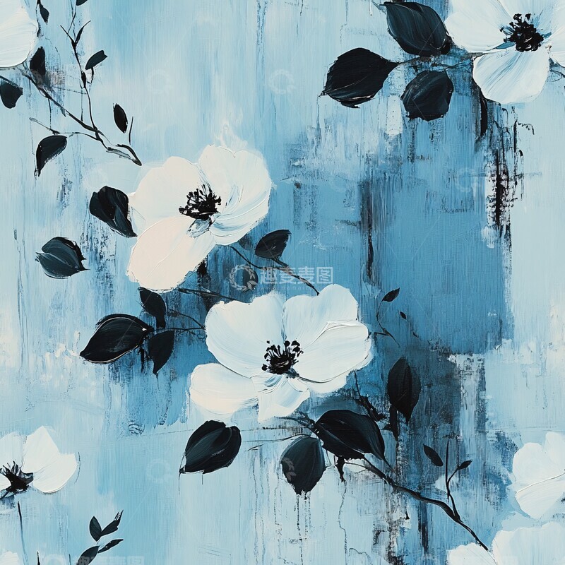 高清大图下载【趣麦麦图】蓝底黑白花叶画2