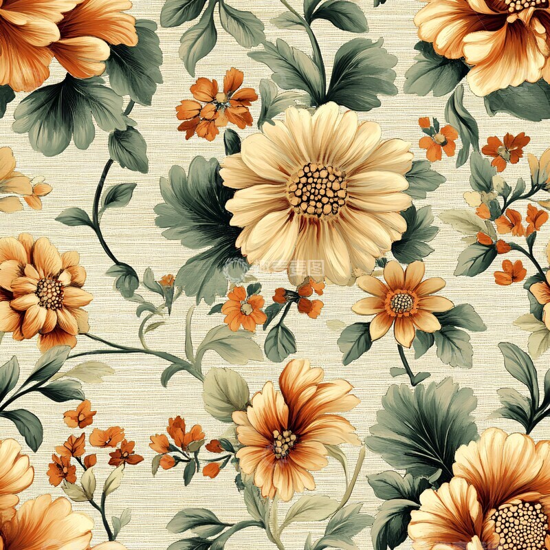 高清大图下载【趣麦麦图】橙绿花卉纹样3