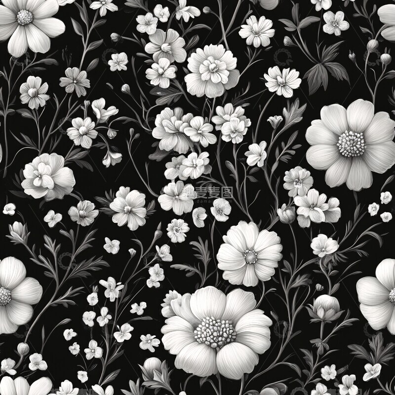高清大图下载【趣麦麦图】白花黑底花卉图案1