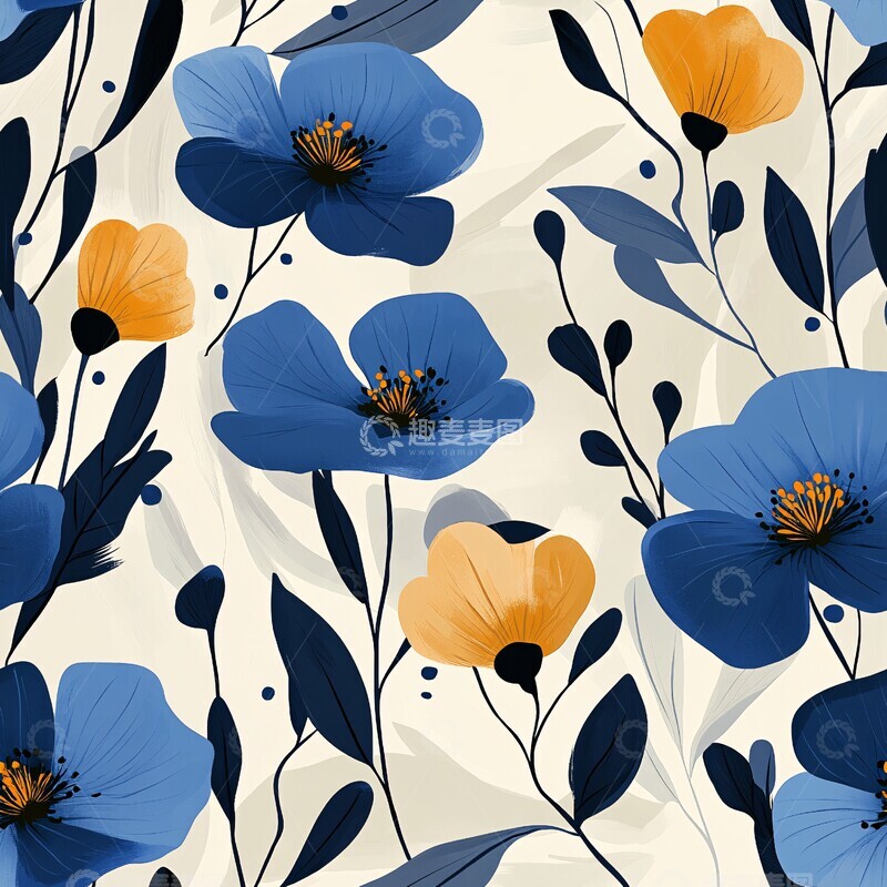 高清大图下载【趣麦麦图】蓝白花卉几何图2