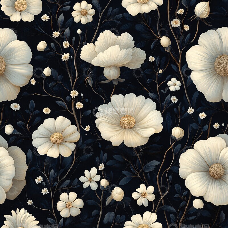 高清大图下载【趣麦麦图】白花黑底花卉图案