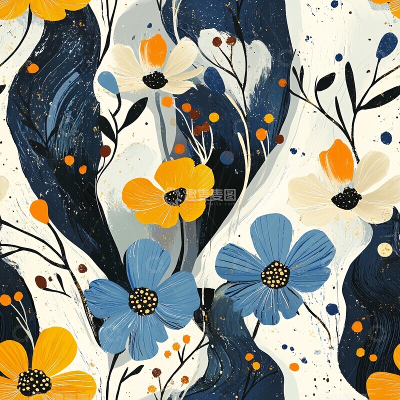 高清大图下载【趣麦麦图】蓝白花卉几何图1