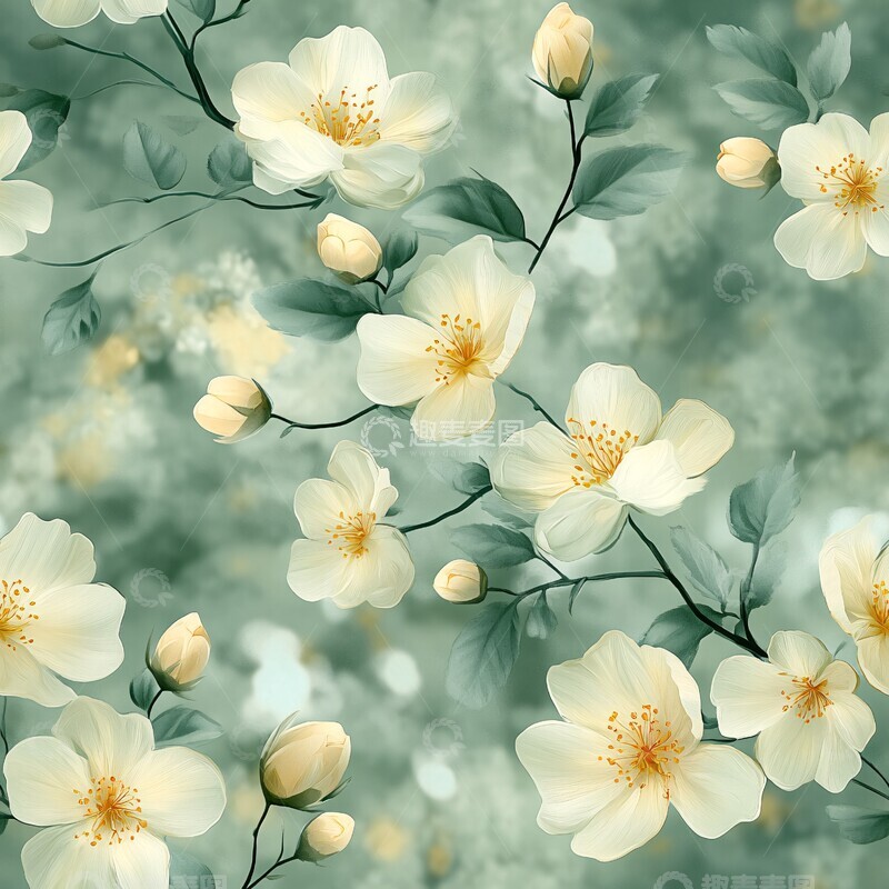 高清大图下载【趣麦麦图】淡黄花簇绿背景1