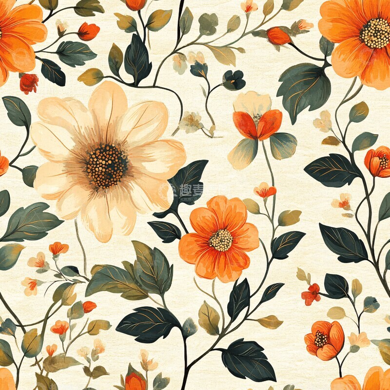 高清大图下载【趣麦麦图】橙绿花卉纹样1