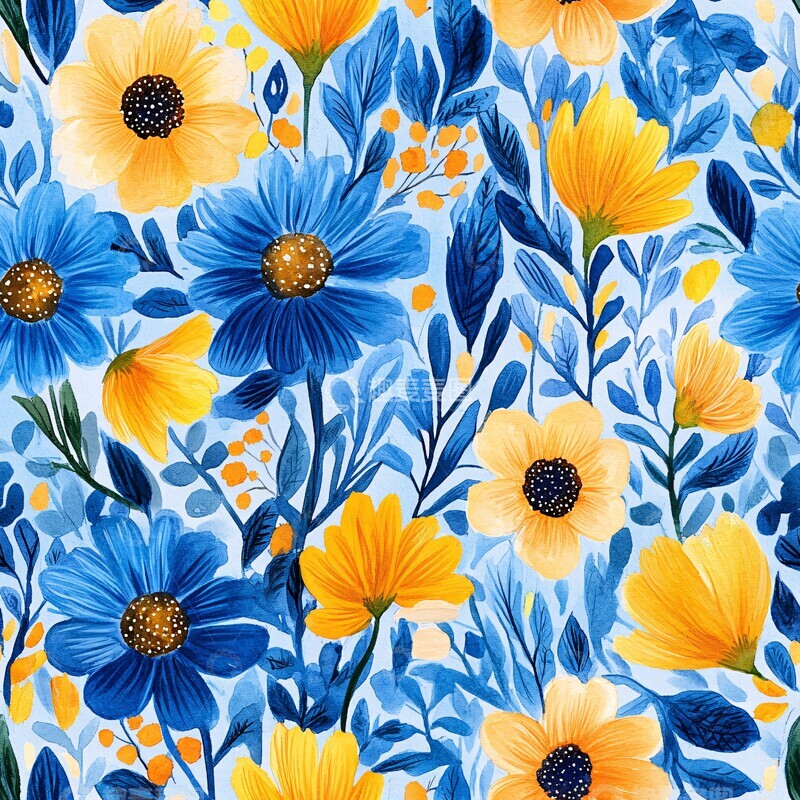 高清大图下载【趣麦麦图】蓝黄花卉水彩纹样3