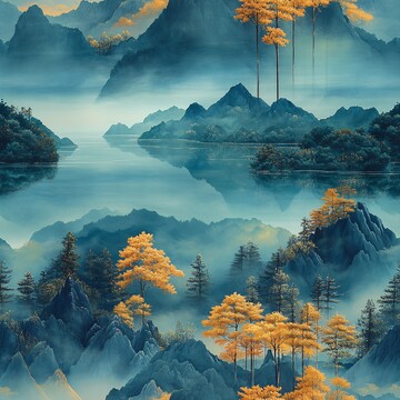 山水流云图山水山峰蓝绿1