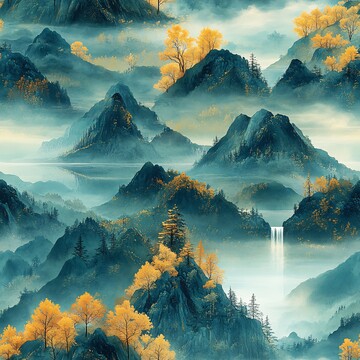 山水流云图山水山峰蓝绿