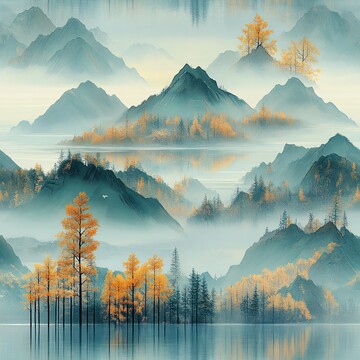 山水流云图山水山峰蓝绿2