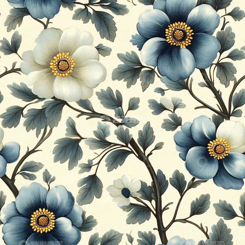 高清大图下载【趣麦麦图】蓝白灰花卉纹样