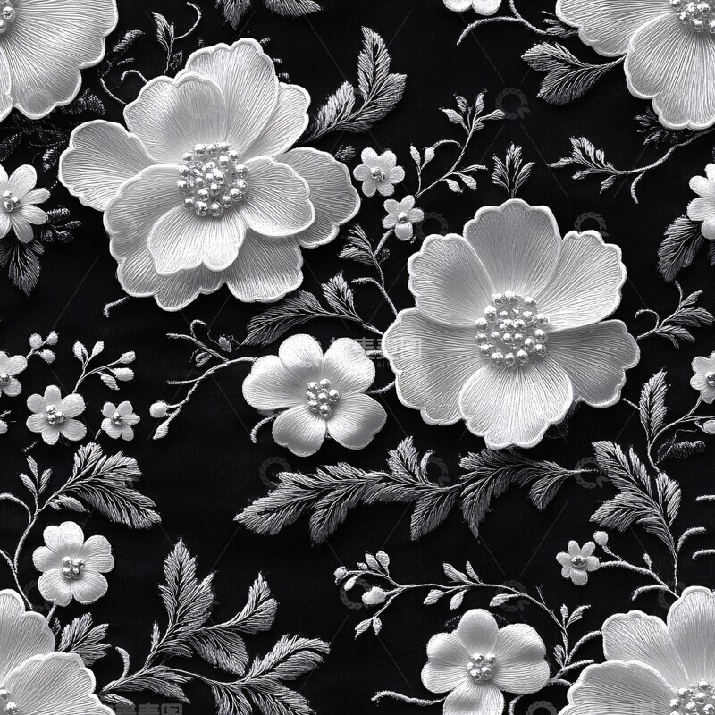 高清大图下载【趣麦麦图】黑白花卉蕾丝图案1