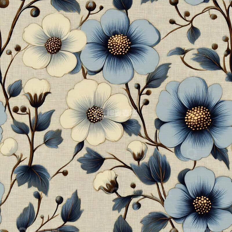 高清大图下载【趣麦麦图】蓝白灰花卉纹样2